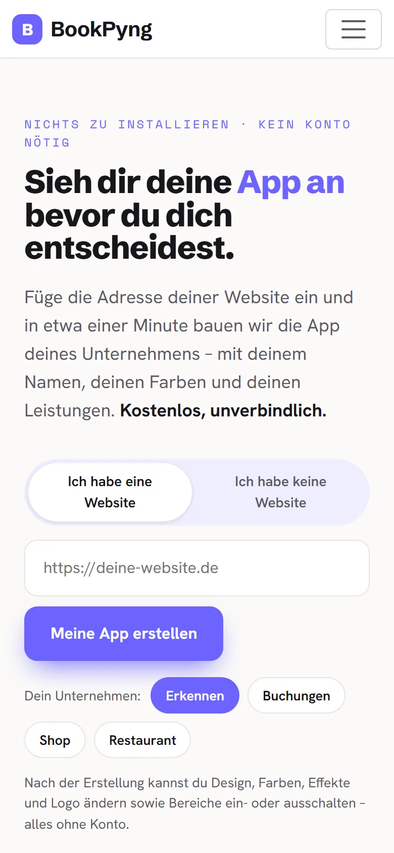 Der Assistenten-Bildschirm: Adresse Ihrer Website einfügen.