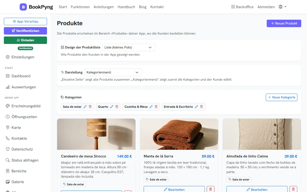 Die Produktliste.