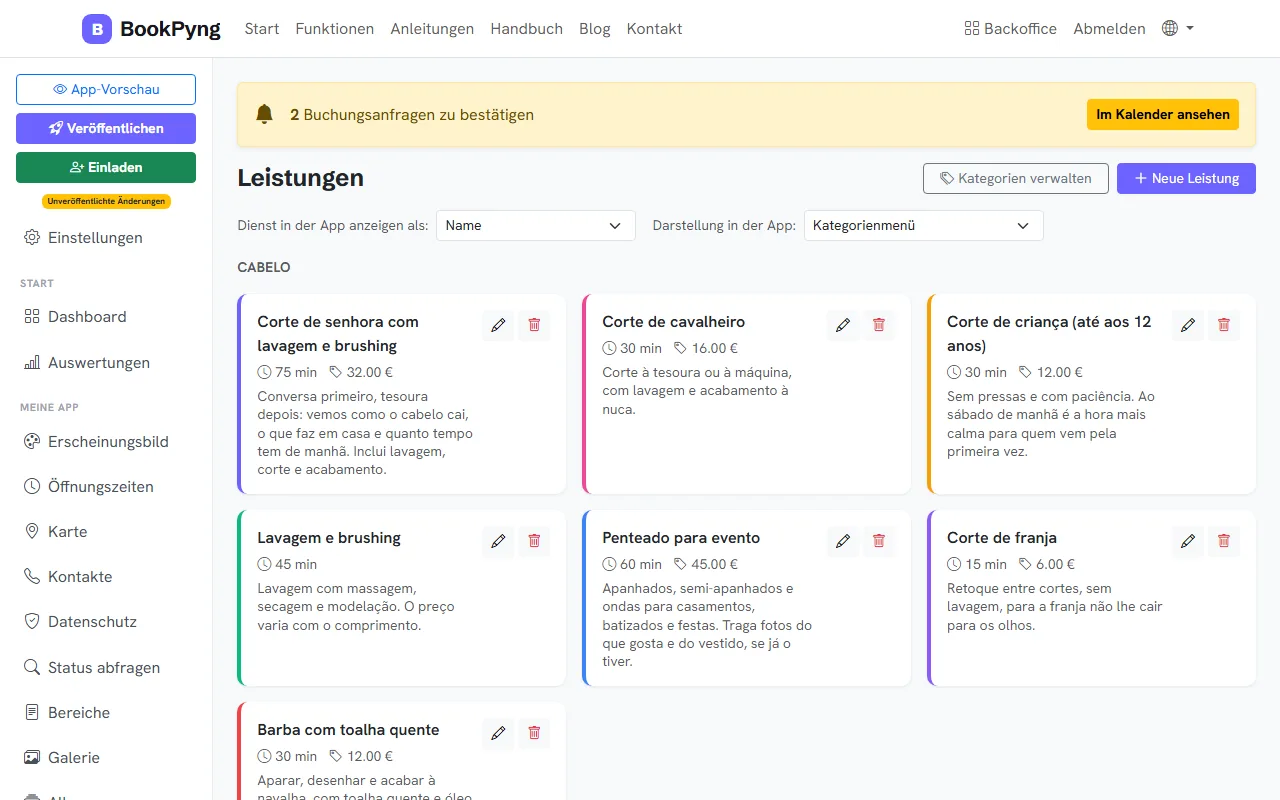Die Liste der Leistungen.
