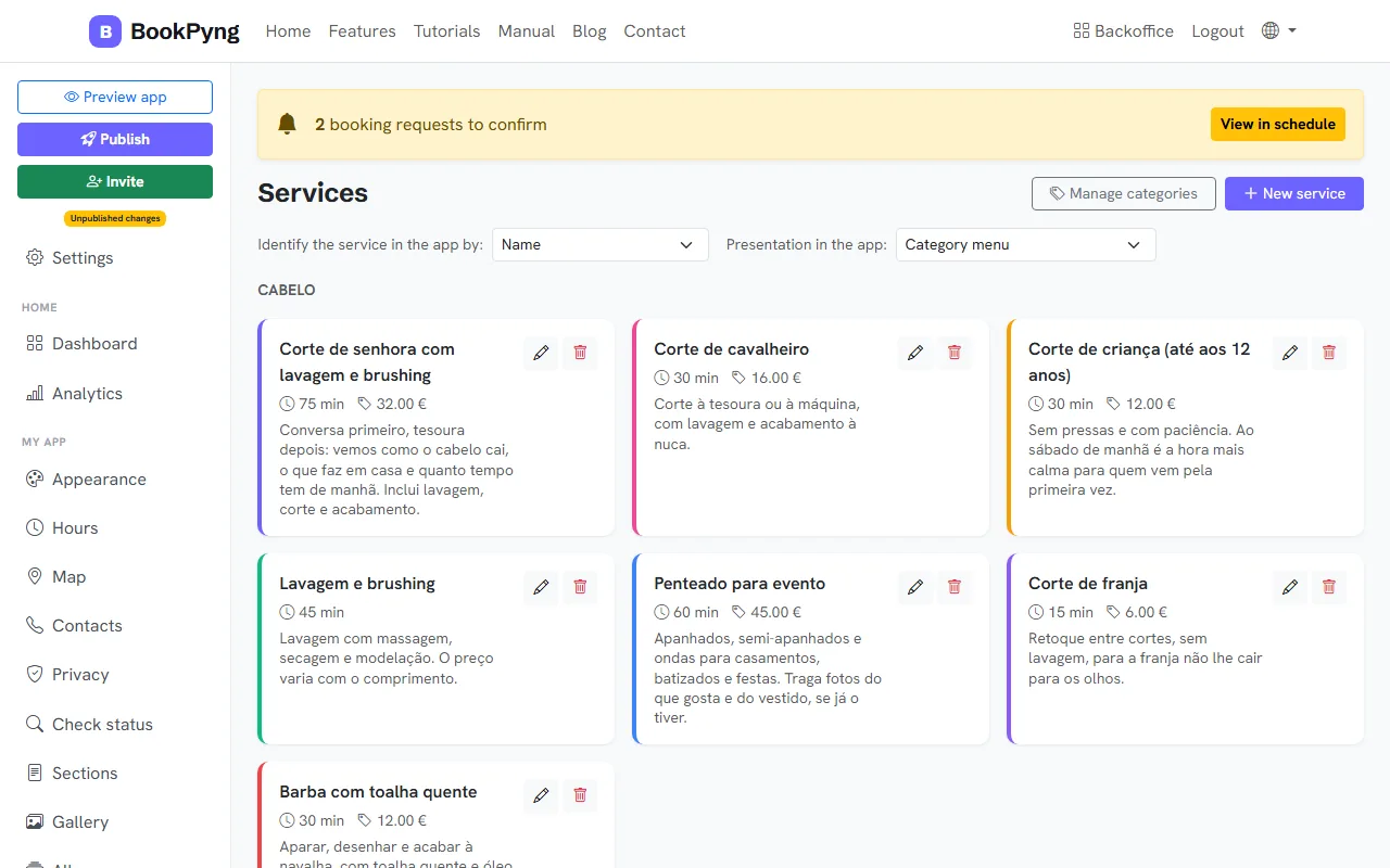 The services list.