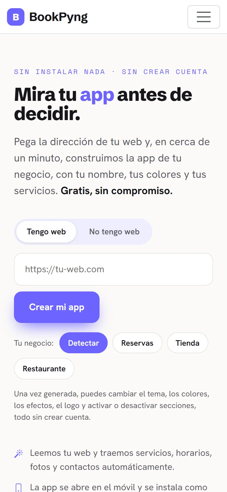 La pantalla del asistente: pega la dirección de tu web.