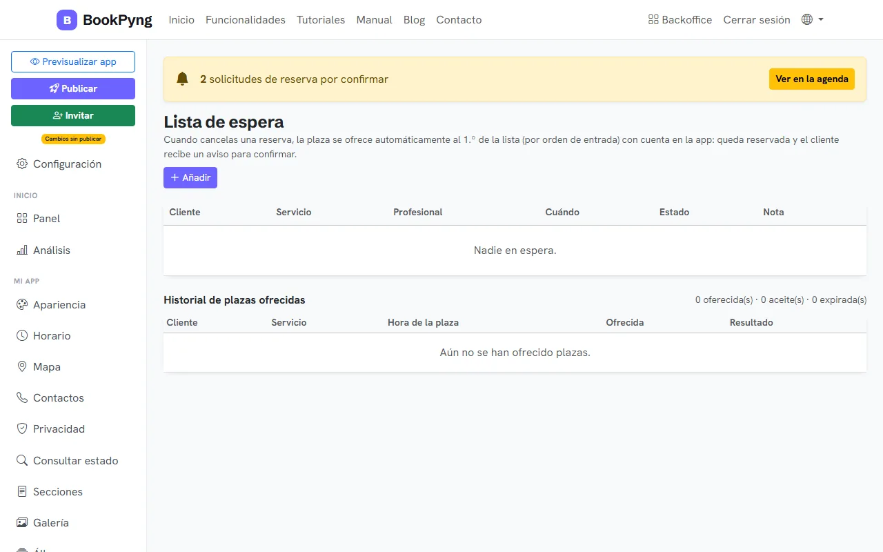La lista de espera y el historial de huecos ofrecidos.