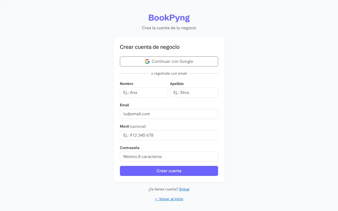 La página de registro de la cuenta de negocio.