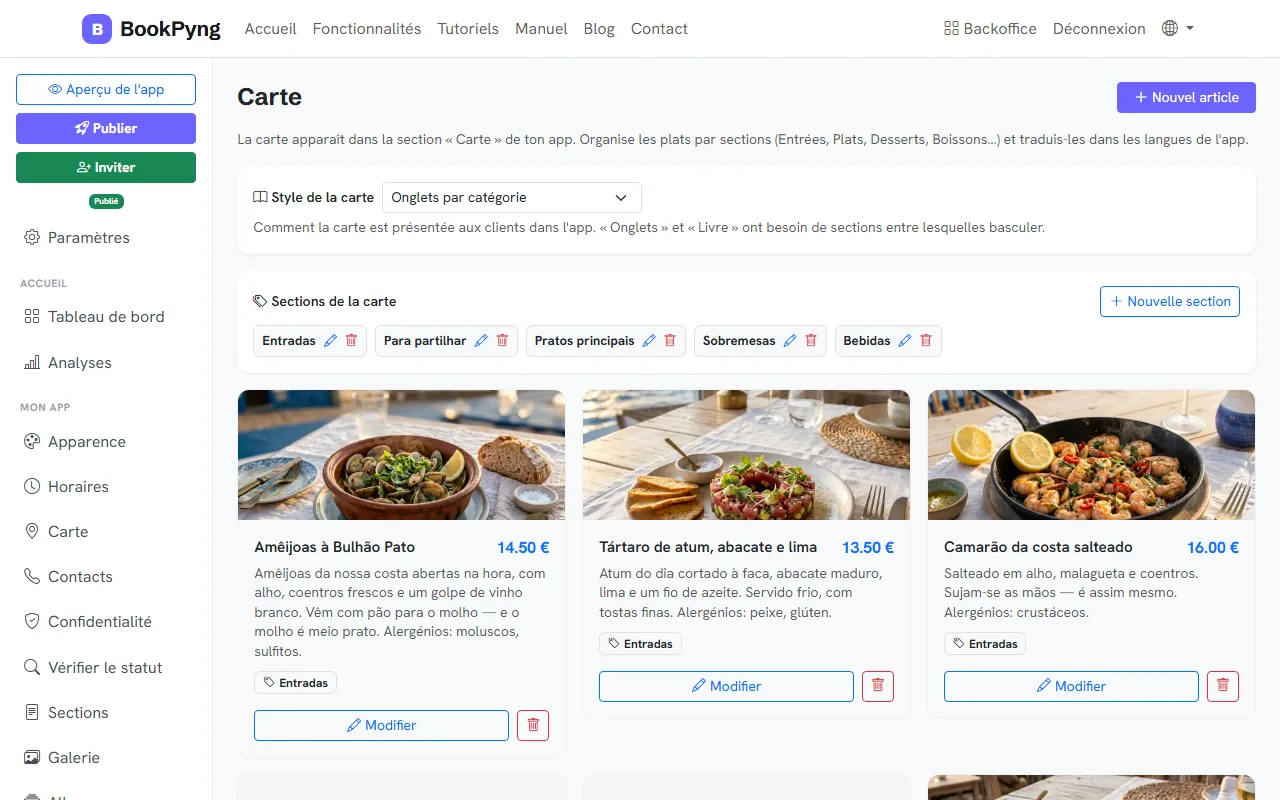 La carte d’un restaurant.