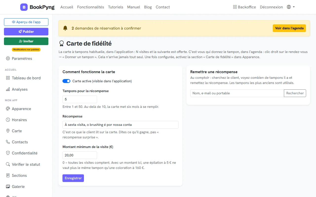La configuration de la carte de fidélité.