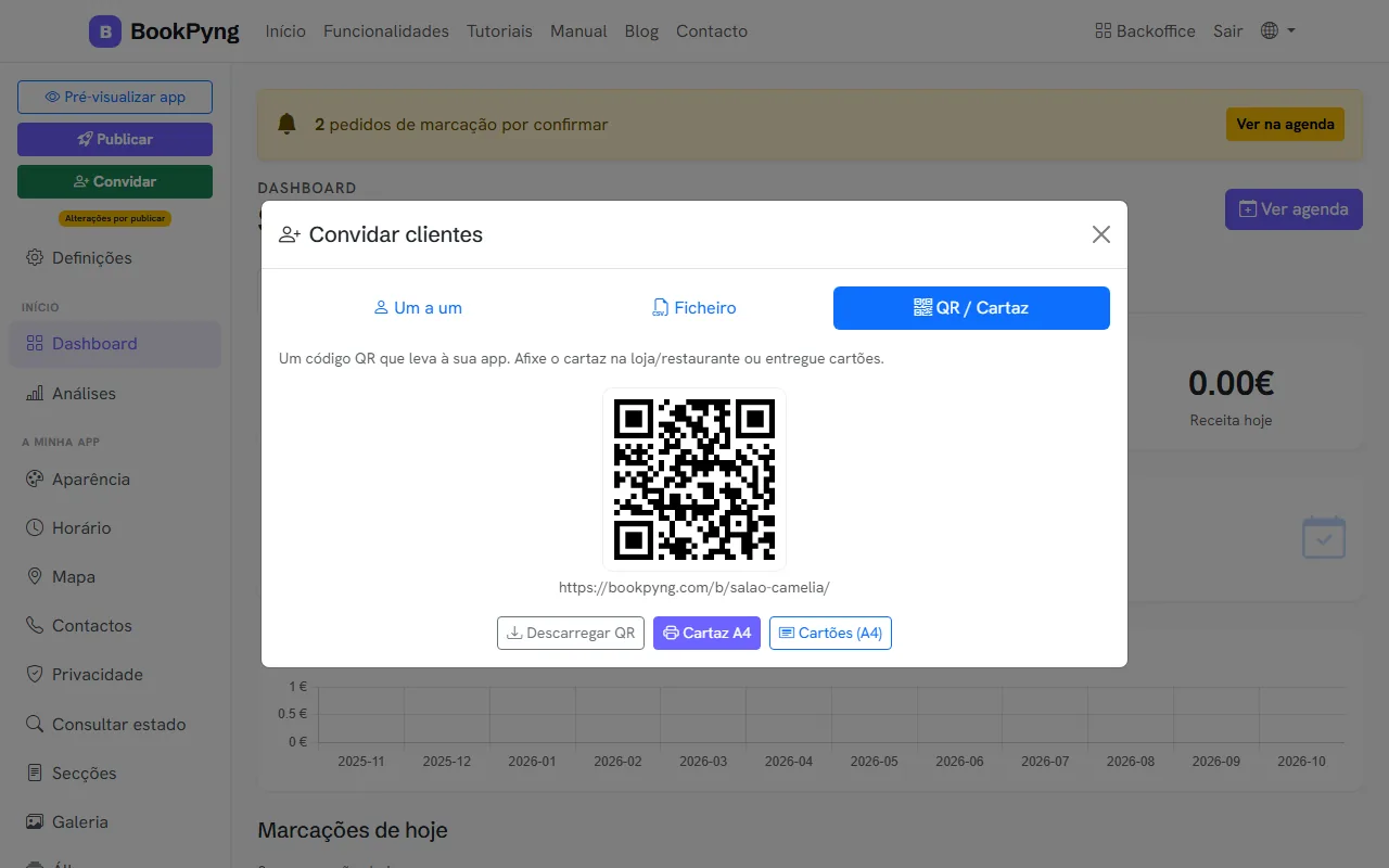 Convidar clientes: link, ficheiro ou QR.