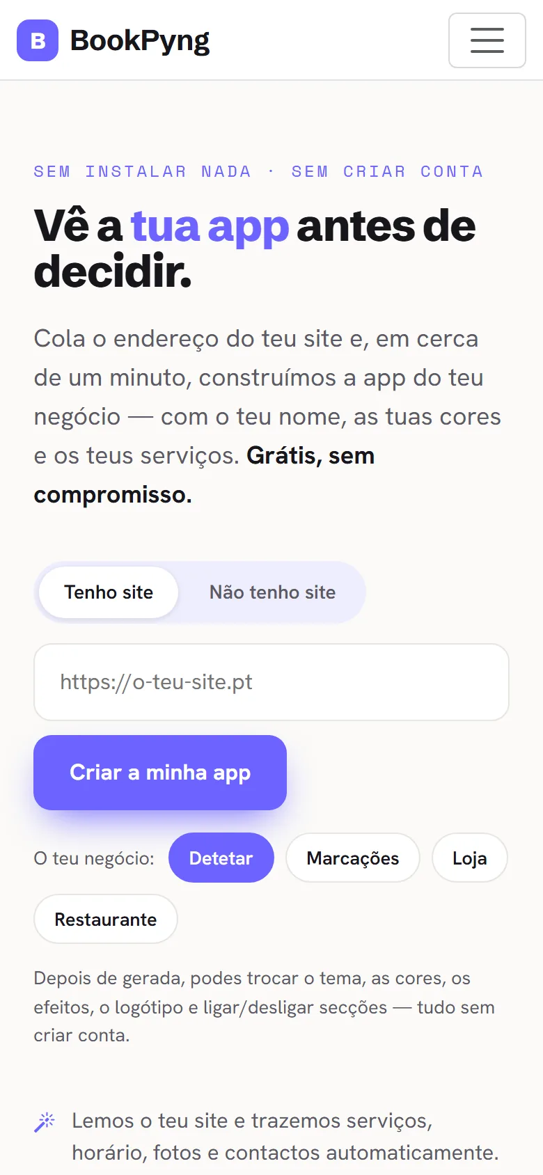O ecrã do assistente: cola o endereço do teu site.