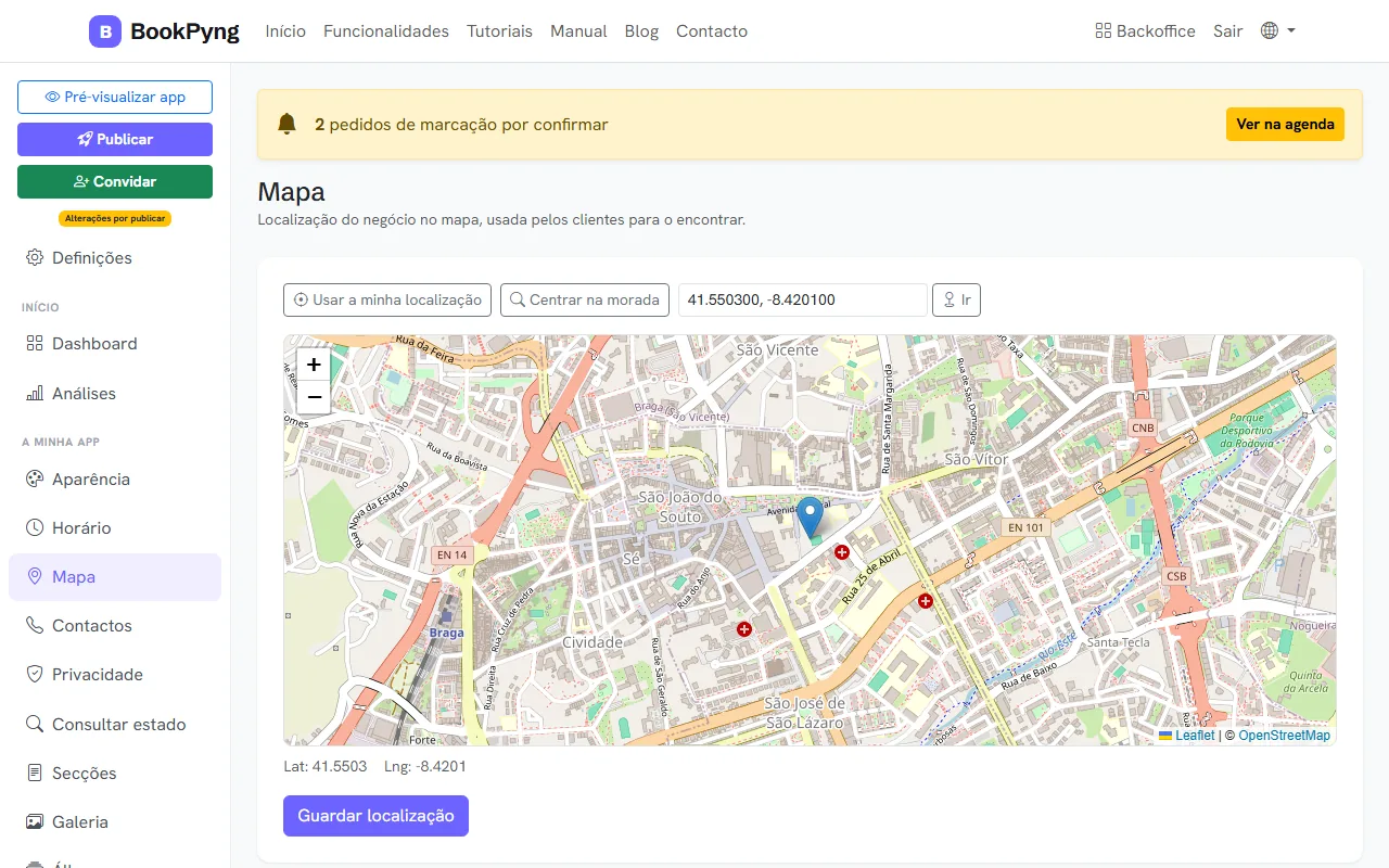 A localização no mapa.