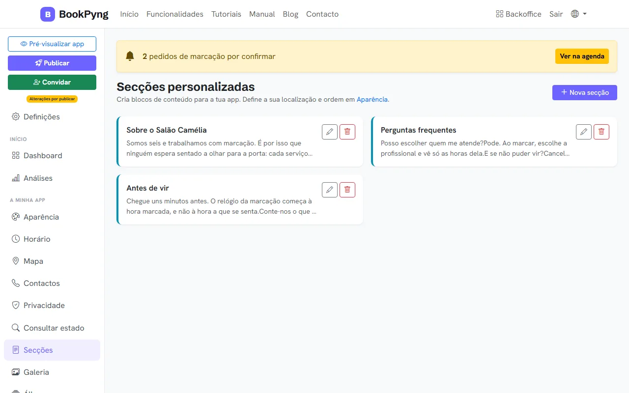 As secções personalizadas.